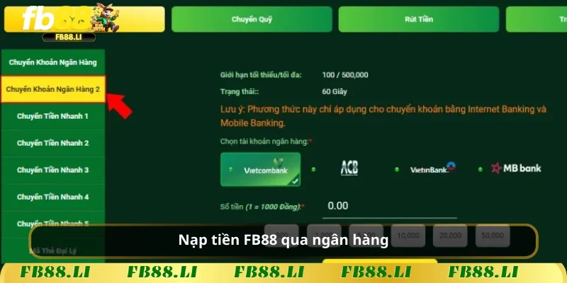 Nạp tiền FB88 qua ngân hàng